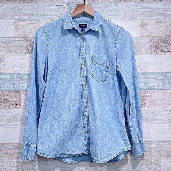 J CREW Signature Fit Chambray Shirt Blue Lovers Lane Cotton Casual Womens Small - Picture 2 of 9